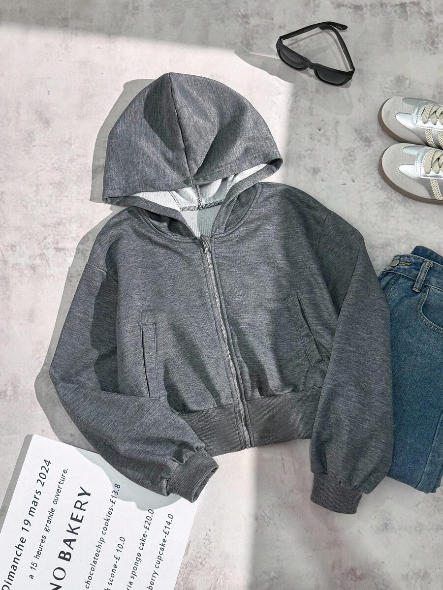 Teen Girl Solid Color Minimalist Casual Sweatshirt Fall Winter - Dark Grey - View 1