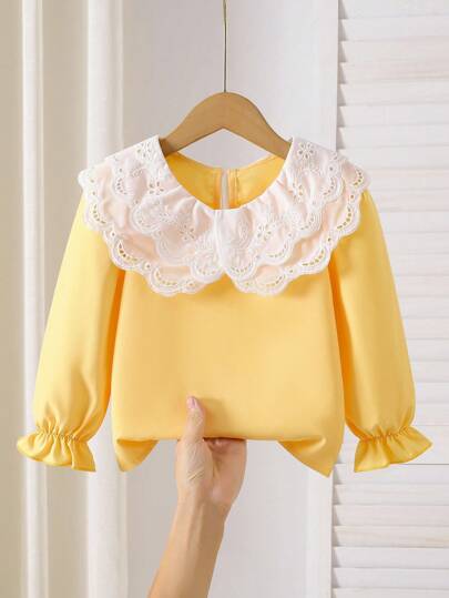 SHEIN Girls Elegant Lace Trim Embroidered Double Layer Peter Pan Collar Long Sleeve Casual Princess Blouse, Suitable For Holiday, Travel, Party, Birthday Gift, Spring/Autumn Fall Winter