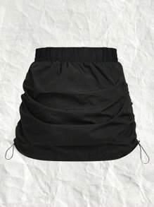SHEIN EZwear CURVE 加大码女式黑色编织贴花松紧腰抽绳半身裙 情人节 - 黑色 - 查看 2