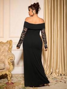 Cravure 永不过时：哥特式预科风，融入周三元素。拥抱你内心的阴影，展现女性的暗黑时尚。大码女式鸡尾酒会宴会长袖露肩蕾丝拼接修身长裙，黑色 - 黑色 - 查看 3