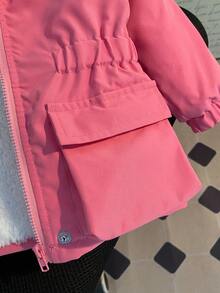 SHEIN 1 件婴儿女孩冬季时尚休闲街头风格粉色长袖连帽夹克，带白色毛皮衬里和卡其色毛皮饰边，适合学校和户外使用 - 玫紅色 - 查看 7