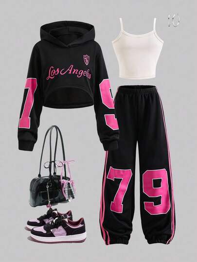 Sparklyn 三件套少女针织字母印花上衣、吊带背心和宽松阔腿字母印花裤，舒适套装，展现青春个性，适合春/秋/冬三季穿着。