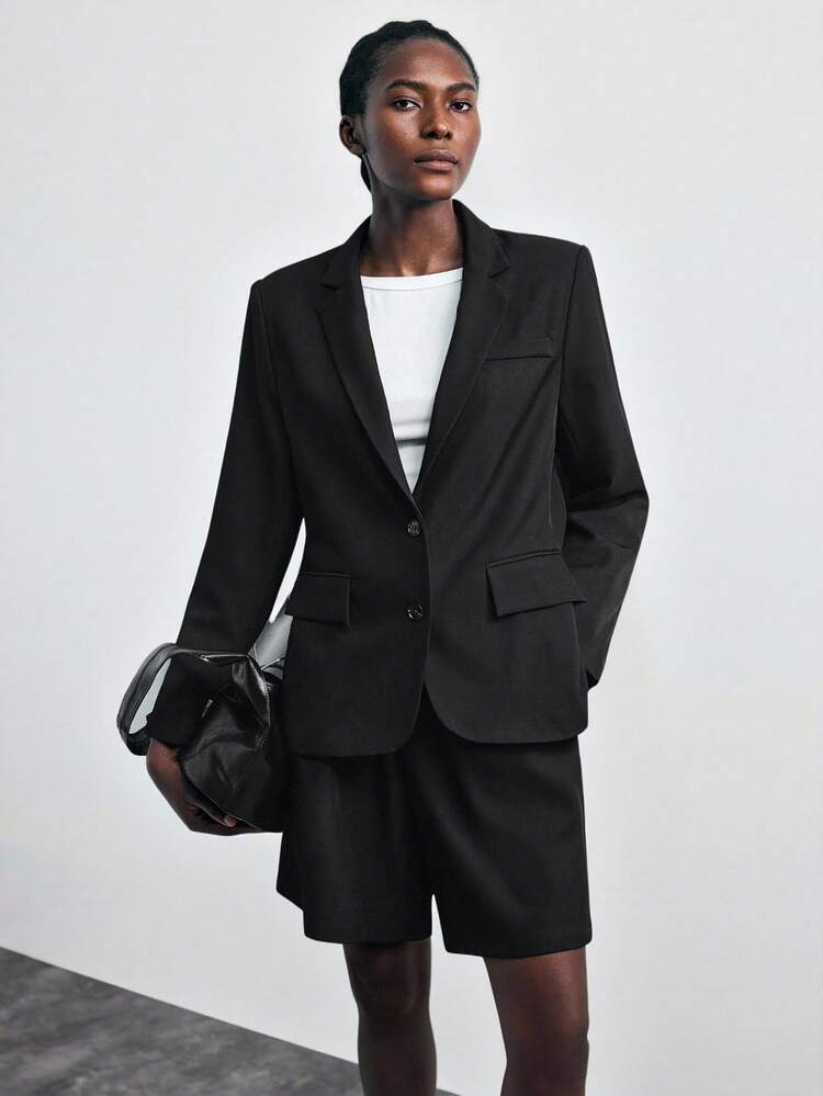 SHEIN Maija 2025 초가을 와이드 숄더 버뮤다 반바지 여성용 정장 세트, 현대적인 도시의 개학 시즌 및 파티 시즌 여성용 정장 여성용 업무 복장 여성용 비즈니스 정장 여성용 전문 의류 스커트 정장 블레이저 세트 여성용