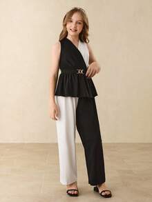 少女无袖上衣 + 黑白撞色长裤，优雅套装，适合上学、参加派对、万圣节、圣诞节等场合。 - 黑色 - 查看 5