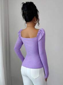 Elenzga Women's Elegant Layered V-Neck Long Sleeve Ruffle Lace Patchwork Fitted T-Shirt, Suitable For Everyday Wear In Spring, Autumn And Winter Fall Cloth For Women - Purple - View 2