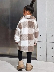 SHEIN 3pcs/Set Young Girl Casual Plaid Reversible Fleece Warm Mid-Length Jacket, Long Sleeve Knit Top And Leggings Kids Winter Outfits Girls