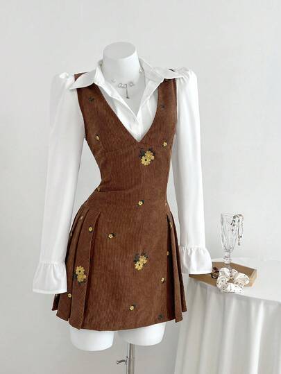 Elamini 复古拼布撞色两件套迷你连衣裙