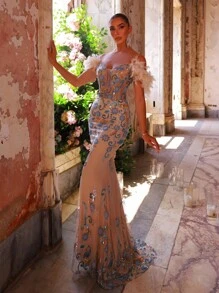 Glamrae 优雅奢华刺绣蕾丝花卉露肩羽袖鱼尾连衣裙，适合婚礼、派对、度假、舞会、正式场合（重型） - 卡其色 - 查看 3