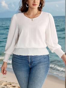 SHEIN LUNE 大码女装返校装女装秋季白色波浪条纹圆领复古服装女式收腰衬衫商务休闲女装秋冬季曲线教师返校装衬衫