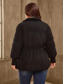 SHEIN LUNE Plus Size Solid Color Stand Collar Corduroy Warm Padded Coat For Women, Winter Fall Cloth For Women Autumn - Black - View 2