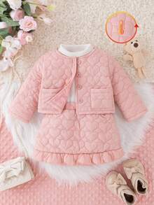 SHEIN 2pcs/Set Infant Girl Winter Fashion Cute Sweet Street Clothes, Pink Long Sleeve Padded Coat With Love Embroidery & Matching Pink Skirt With Love Embroidery, Suitable For Daily Wear And Outings
