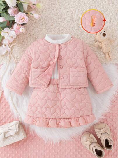 SHEIN 2pcs/Set Infant Girl Winter Fashion Cute Sweet Street Clothes, Pink Long Sleeve Padded Coat With Love Embroidery & Matching Pink Skirt With Love Embroidery, Suitable For Daily Wear And Outings