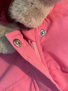 SHEIN 1 件婴儿女孩冬季时尚休闲街头风格粉色长袖连帽夹克，带白色毛皮衬里和卡其色毛皮饰边，适合学校和户外使用 - 玫紅色 - 查看 5
