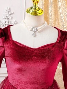Tween Girls' Square Neck Long Sleeve Mesh Patchwork Party Dress, Elegant For Christmas, Halloween - Red - View 3