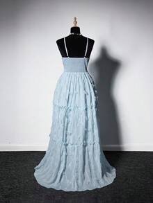 Viva Relle 加大码优雅度假海滩褶皱刺绣荷叶边下摆开衩吊带连衣裙，夏季 - 藍色 - 查看 3