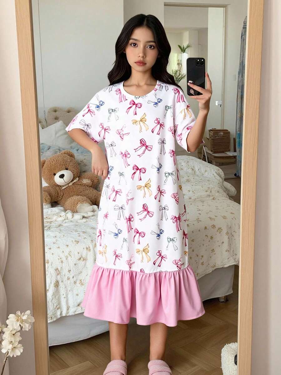 SHEIN 青少年女孩宽松休闲舒适圆领拼接撞色熊猫图案睡衣套装 - 黑色 - 查看 1