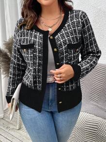 Cárdigan a cuadros casual y de trabajo, talla grande, otoño/invierno - Negro - Ver 1