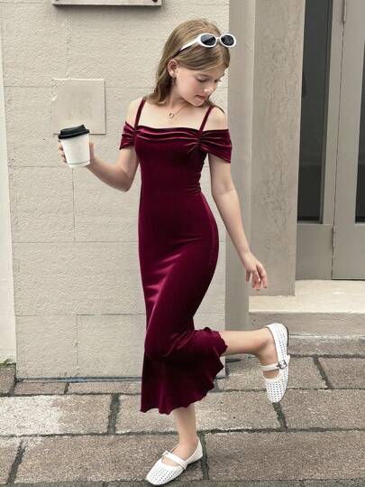SHEIN Tween Girl Elegant Solid Burgundy Open Shoulder Ruffle Sleeve Fitted Mermaid Maxi Dress,Christmas