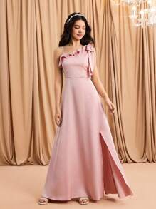 Blush Pink,Summer,Elegant,Formal,Wedding Ninang Bridesmaid Satin Bowknot One-Shoulder Tie-Up A-Line High-Slit Dress For Galas,Birthdays,Graduation - Pink - View 6