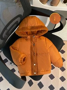 SHEIN 1 件婴儿女孩和男孩冬季时尚简约棕色长袖棉质连帽夹克，带棕色毛皮饰边，适合日常穿着 - 棕色 - 查看 6