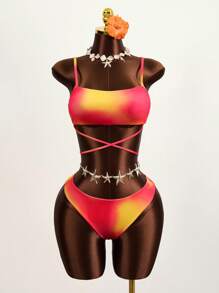 Zestiva 漸層比基尼套裝交叉吊帶上衣和低至臀部下裝和罩衫半身裙2入組泳衣 - 橘色 - 查看 4