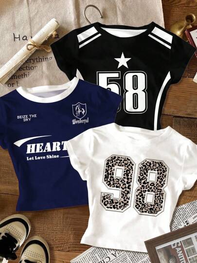 SHEIN 3 件套青少年女孩街头豹纹印花，数字 98 和 58，城市字母图案修身休闲舒适圆领长袖 T 恤，适合夏季