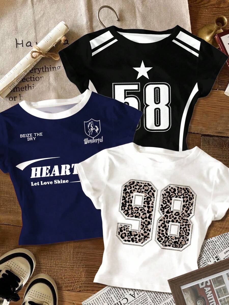 SHEIN 3 件套青少年女孩街头豹纹印花,数字 98 和 58,城市字母图案修身休闲舒适圆领长袖 T 恤,适合夏季 - 彩色 - 查看 1