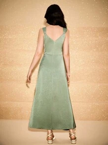 Teen Girl Solid Color High Slit Long Princess Dress, Bridesmaid Gown For Christmas, Stage Performance, Piano Recital - Green - View 2