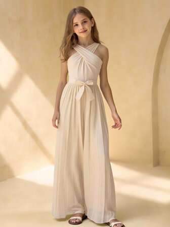 Tween flickor rund hals ärmlös midja skarvning veckad elegant festjumpsuit