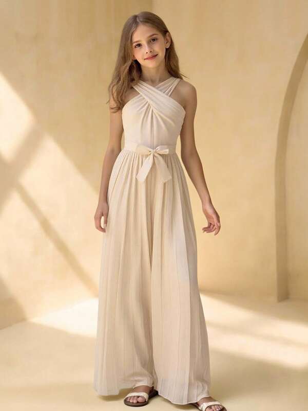 Tween Girls' Round Neck Sleeveless Waist Splicing Pleated Elegant Party Jumpsuit