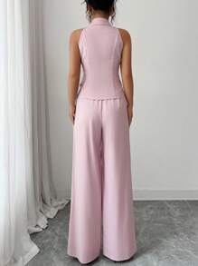 Elenzga Bộ vest công sở 2 món cho nữ, áo cổ bẻ cài nút ngọc trai và quần ống đứng cạp cao, phù hợp cho các cuộc họp văn phòng và công việc hàng ngày, mùa xuân/thu - Hồng - Xem 2