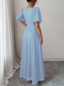 Modelyn Vestido de verano de estilo francés dulce con mangas de murciélago plisadas y lunares de gasa para mujer - Azul - Ver 3