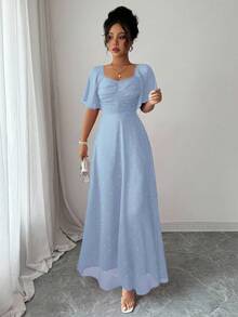 Modelyn Vestido de verano de estilo francés dulce con mangas de murciélago plisadas y lunares de gasa para mujer - Azul - Ver 5