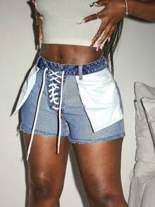 Slaydiva Plus Size Women Denim Belted Reversible Personalized Shorts, Autumn Festival Cowboy Denim Shorts - Blue - View 6