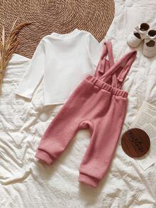SHEIN Baby Mädchen süßer, niedlicher gestrickter Rollkragen Langarm-Top und gestrickte Latzhose Set - Korallenrosa - Übersicht 2