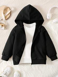 SHEIN Tween Girl Casual Minimalist Comfortable Textured Fabric Long Sleeve Jacket,In Fall/Winter - Black - View 1