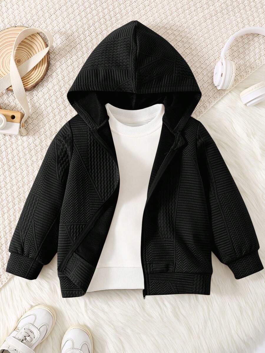 SHEIN Tween Girl Casual Minimalist Comfortable Textured Fabric Long Sleeve Jacket,In Fall/Winter - Black - View 1