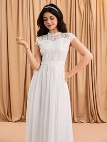 Váy phù dâu ren voan, váy dài ren tay ngắn thanh lịch, váy dạ hội ôm vừa vặn cho tiệc, tiệc tùng, dạ hội - trắng - Xem 6