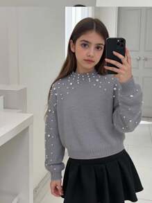 Young Girl Solid Color Beaded Crew Neck Fitted Casual Sweater