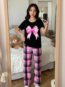 SHEIN Tween Girl Bow Plaid Print Casual Minimalist Short Sleeve Pajama Set, Snug Fit, Spring/Summer, Suitable For Valentine's Day