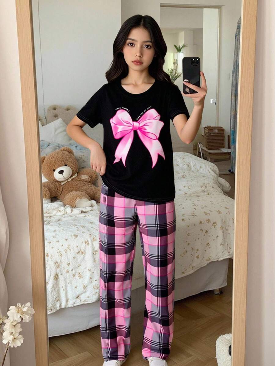 SHEIN Tween Girl Bow Plaid Print Casual Minimalist Short Sleeve Pajama Set, Snug Fit, Spring/Summer, Suitable For Valentine's Day