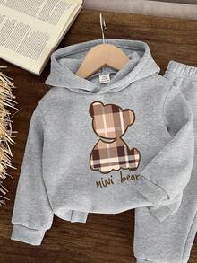 男婴休闲简约卡通熊图案针织柔软宽松连帽卫衣套装，适合秋冬季 - 灰色 - 查看 3