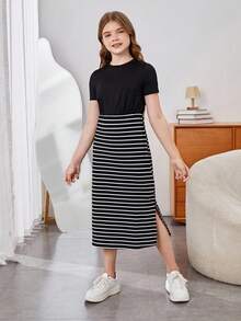 SHEIN Tween Girl Casual Black Knitted Striped Midi Dress With Slit, Simple T-Shirt Dress - Black - View 2