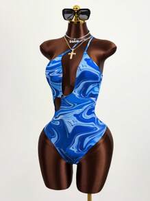 Zestiva 大理石圖案鏤空單肩連體泳衣 - 藍色 - 查看 6