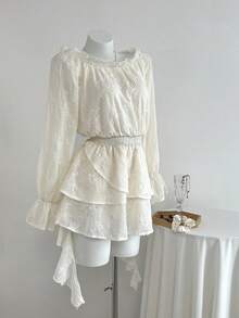 Elamini Robe mini fluide à couleur unie et texturée avec broderie pour femmes - Nude - Voir 4