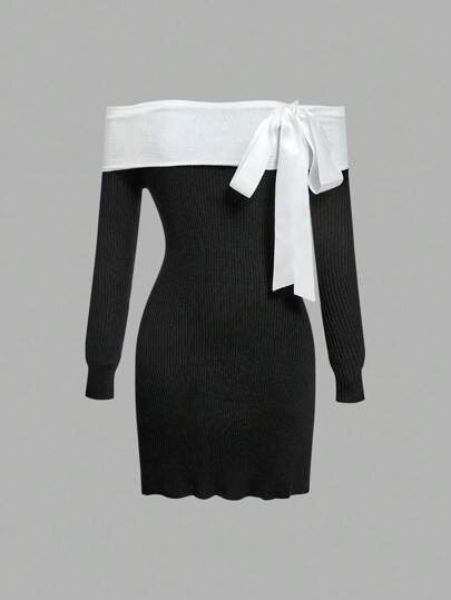 Skyraze Women's French Style Elegant Bow Off Shoulder Knitted Dress Sweater Dress Back-To-School Clothing Casual Daily Wear,Tops,Brunch Women,Renaissance Fair,Concert Women,Vacation Style Music Festival In Fall/Winter