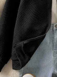 SHEIN Tween Girl Casual Minimalist Comfortable Textured Fabric Long Sleeve Jacket,In Fall/Winter - Black - View 7