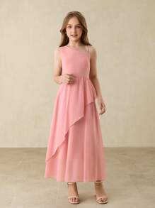 Váy biểu diễn piano trơn màu cổ lệch cho bé gái tuổi teen, chất liệu voan cho dịp trang trọng và trang phục trở lại trường - Hồng - Xem 5