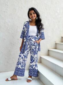 SHEIN Tween Girl 1 件花卉印花和服和 1 条裤子