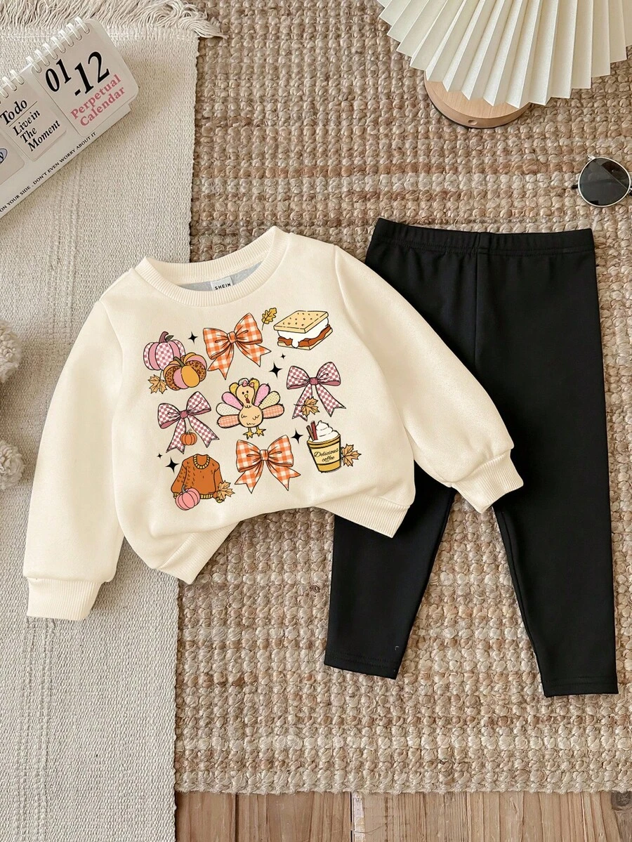 SHEIN LMoss Kids Baby Girl Halloween Pattern Knit Soft Thick Crew Neck Long Sleeve Sweatshirt And Leggings Set, Suitable For Autumn/Winter Baby Fall Outfits Toddler Thanksgiving Outfit Baby Girl Fall Clothes Fall Baby Set Baby Thanksgiving Outfit Set - Multicolor - View 1